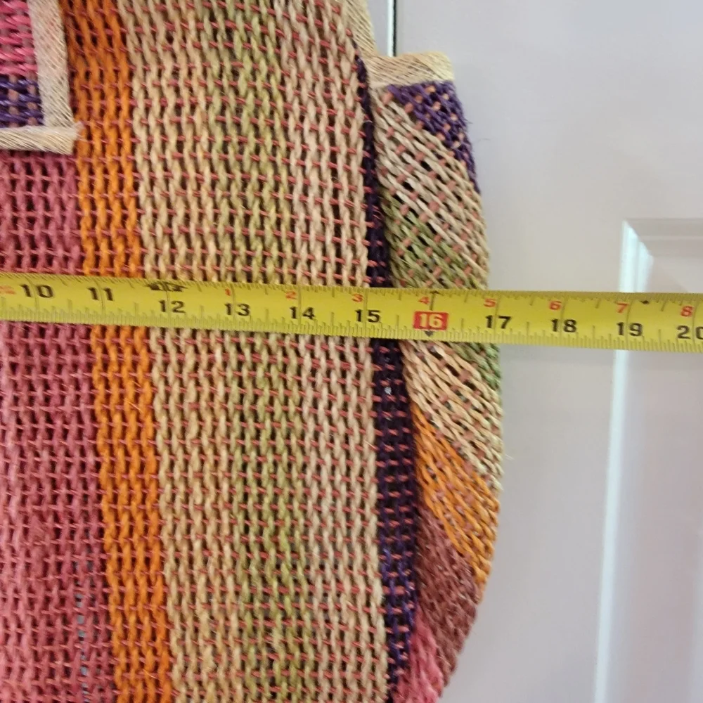 Vintage Bamboo Handle Woven Raffia Multi-color‎ Stripe Bag